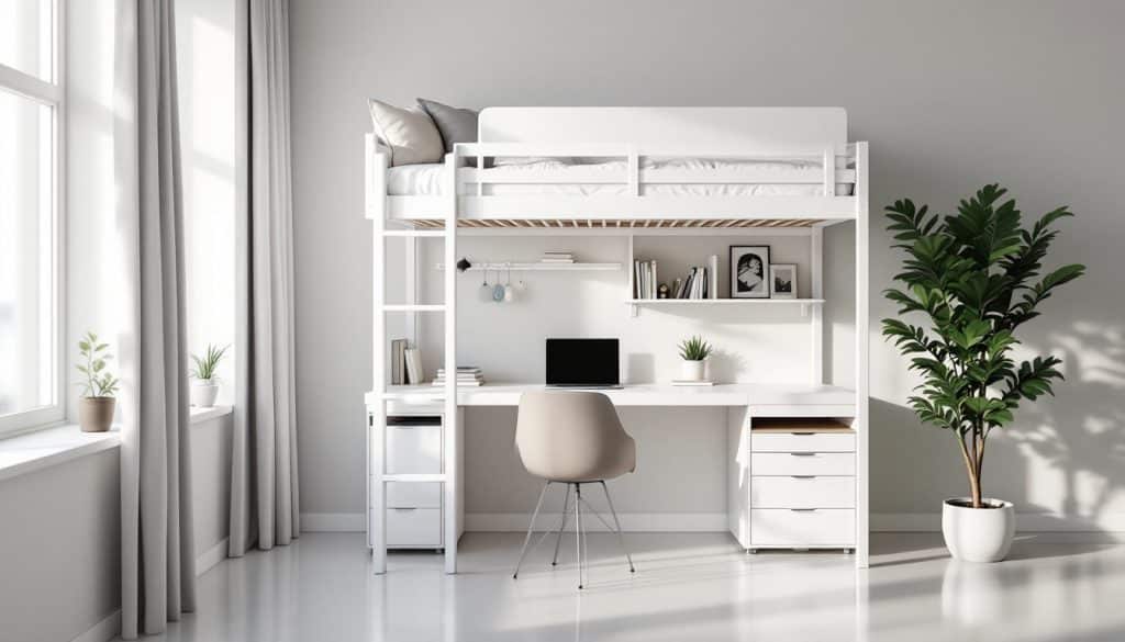 découvrez le lit mezzanine blanc avec bureau intégré, une solution idéale pour optimiser l'espace tout en combinant fonctionnalité et design moderne dans votre chambre.