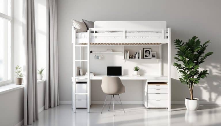 découvrez le lit mezzanine blanc avec bureau intégré, une solution idéale pour optimiser l'espace tout en combinant fonctionnalité et design moderne dans votre chambre.