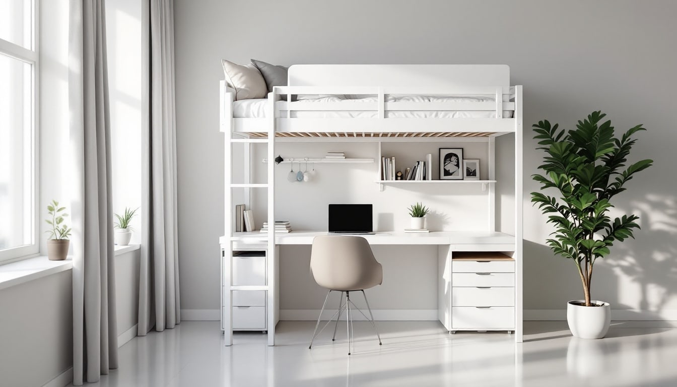 découvrez le lit mezzanine blanc avec bureau intégré, une solution idéale pour optimiser l'espace tout en combinant fonctionnalité et design moderne dans votre chambre.