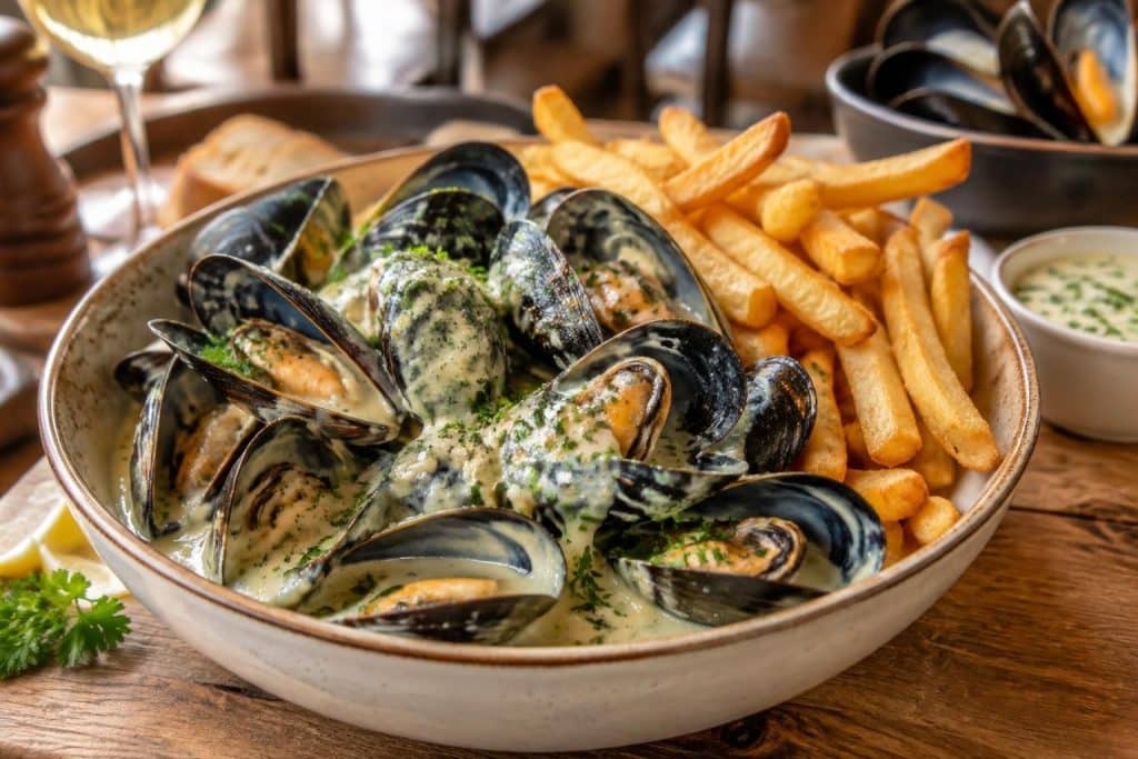 découvrez notre recette de moules-frites à la crème onctueuse : des moules savoureuses, une sauce crémeuse et des frites dorées à partager.