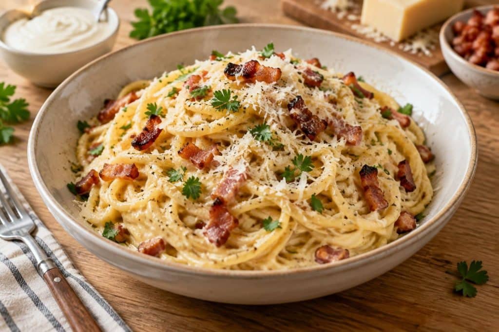 préparez de délicieuses pâtes carbonara à la crème fraîche avec cette recette simple et rapide, idéale pour un repas gourmand prêt en quelques minutes.