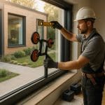 Artisan posant une fenêtre avec un niveau et une ventouse