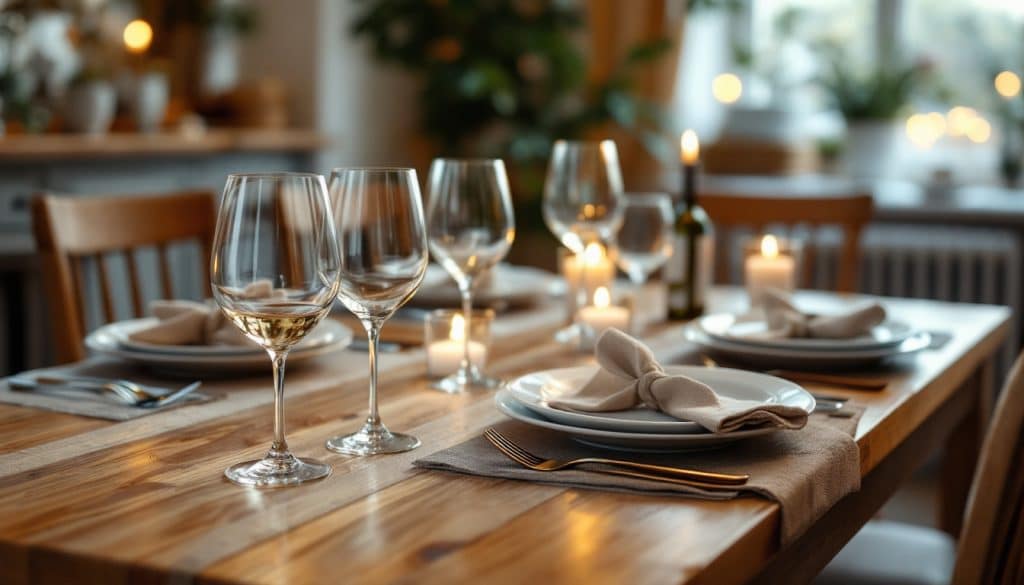 Table à manger en bois protégée par une nappe transparente après un dîner