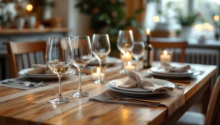Table à manger en bois protégée par une nappe transparente après un dîner